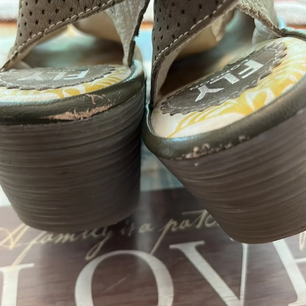 Fly London Yala sandals green perforated wedge ankle straps women size 36